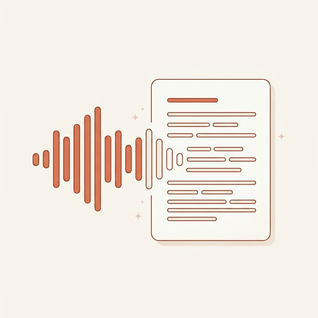 Illustration of an audio waveform turning into a written transcript