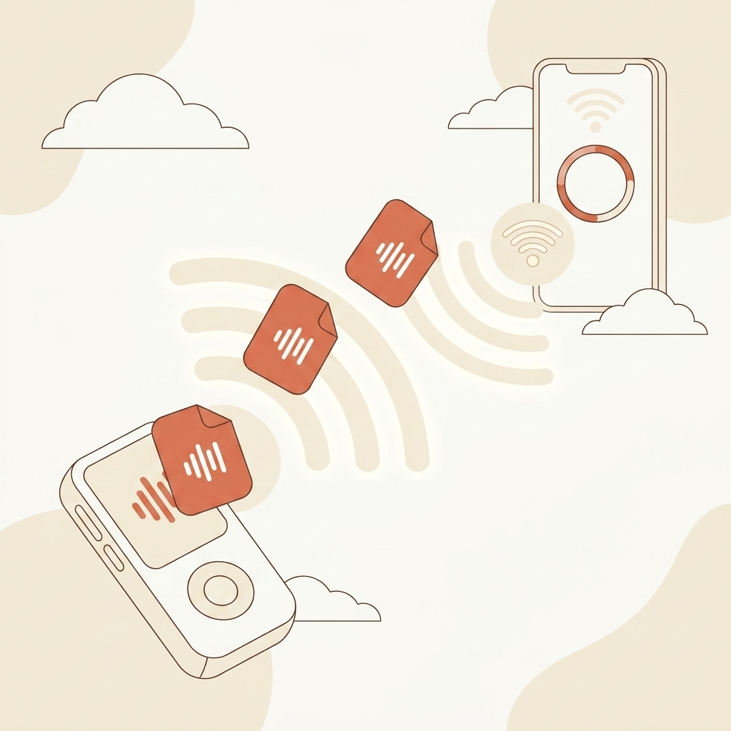 Illustration of recordings transferring wirelessly from a recorder to a phone