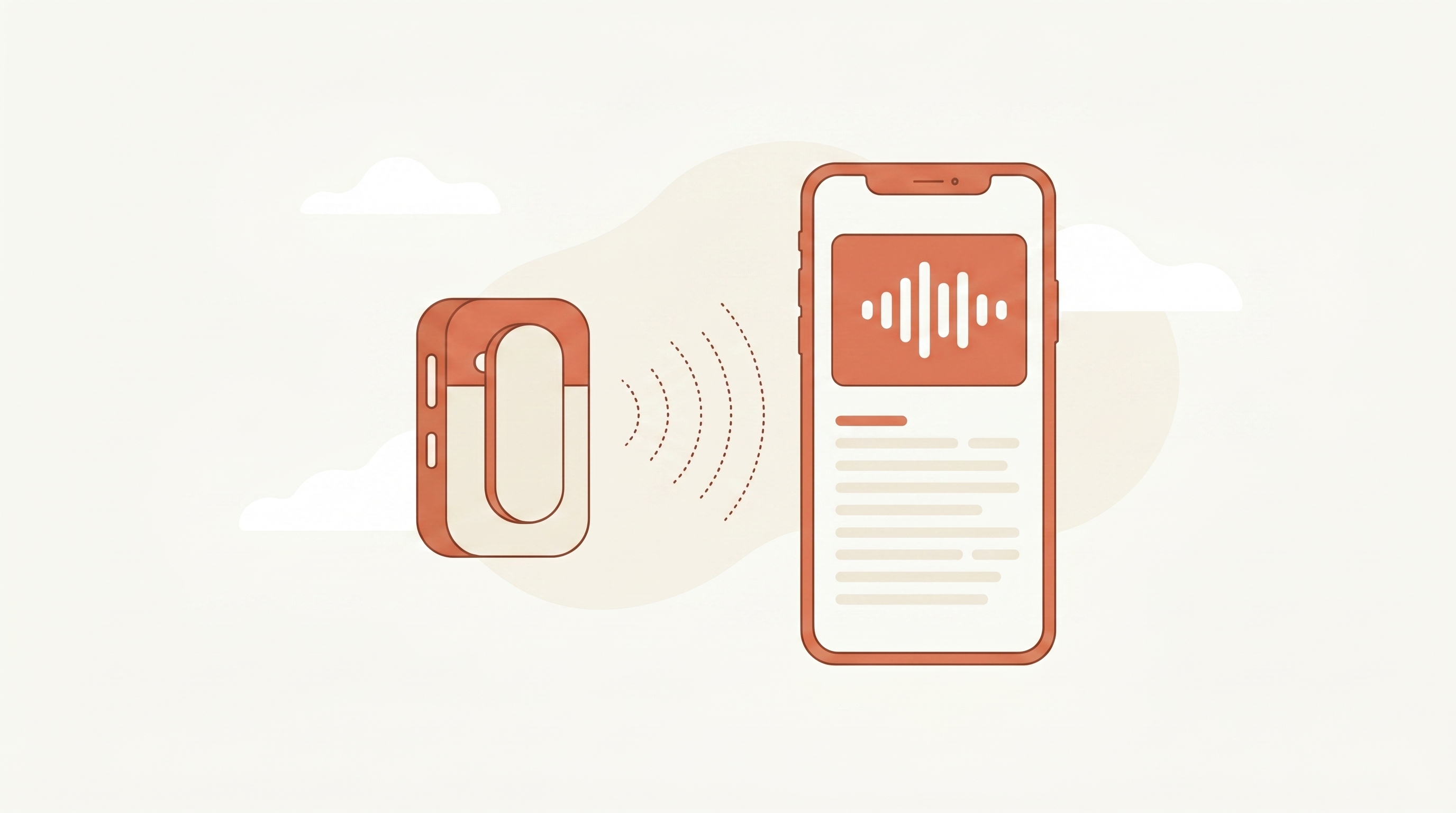 A wireless voice recorder transferring recordings to the Jila app on a smartphone